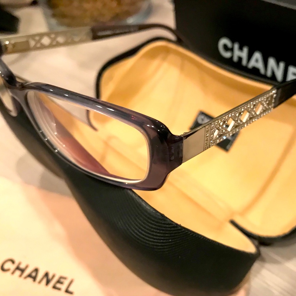 CHANEL Eyeglasses Crystal Side Frames Grey